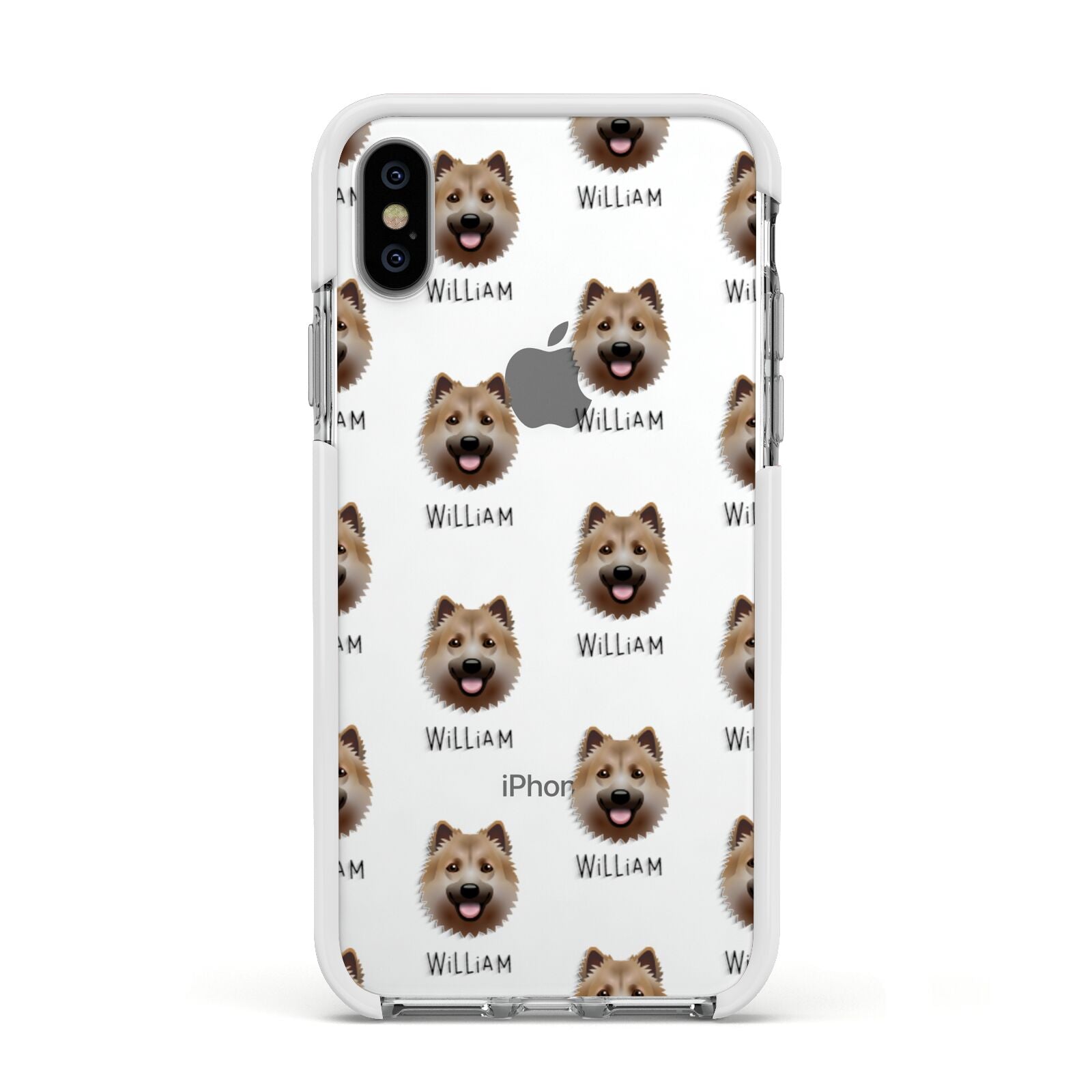 Icelandic Sheepdog Icon with Name Apple iPhone Xs Impact Case White Edge on Silver Phone