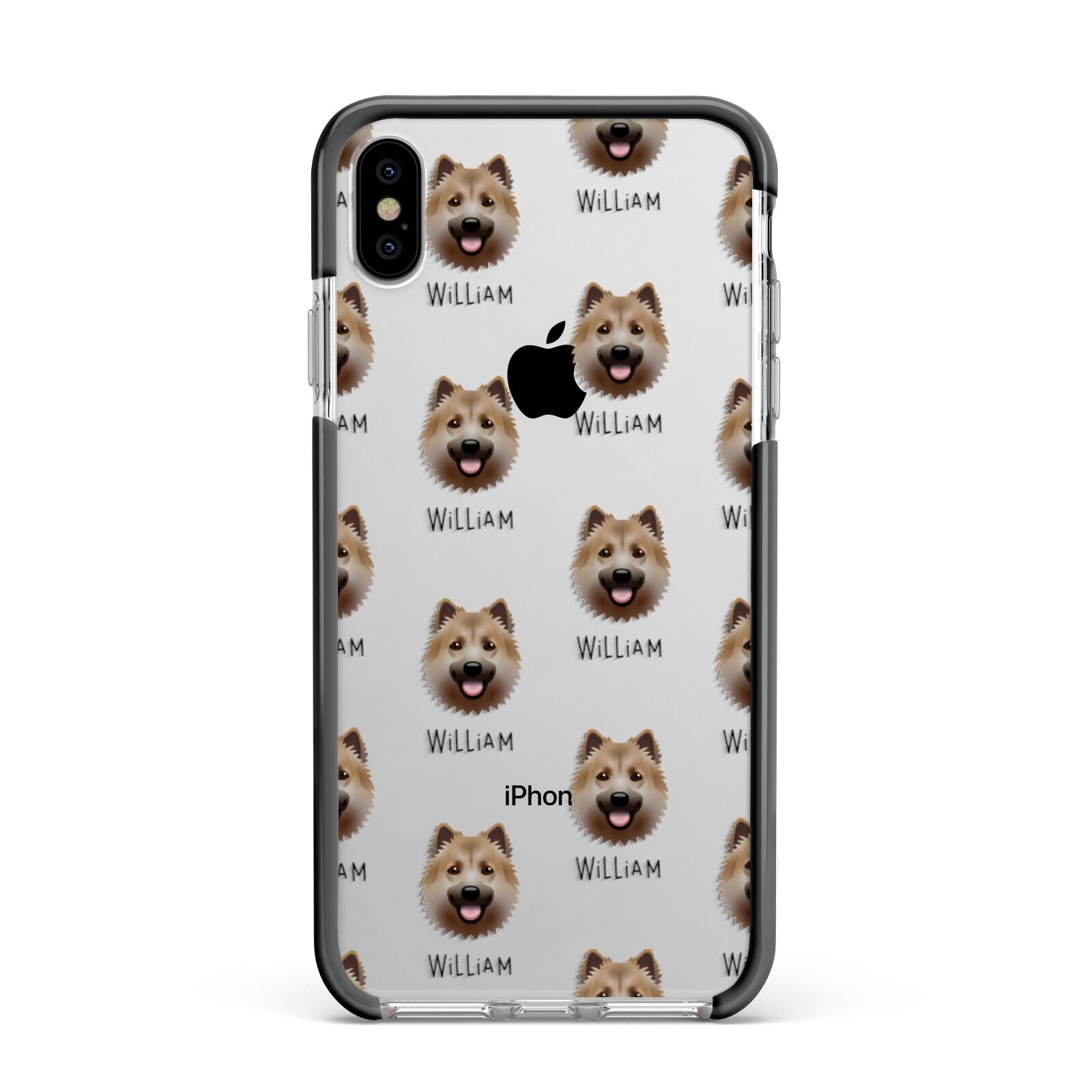 Icelandic Sheepdog Icon with Name Apple iPhone Xs Max Impact Case Black Edge on Silver Phone