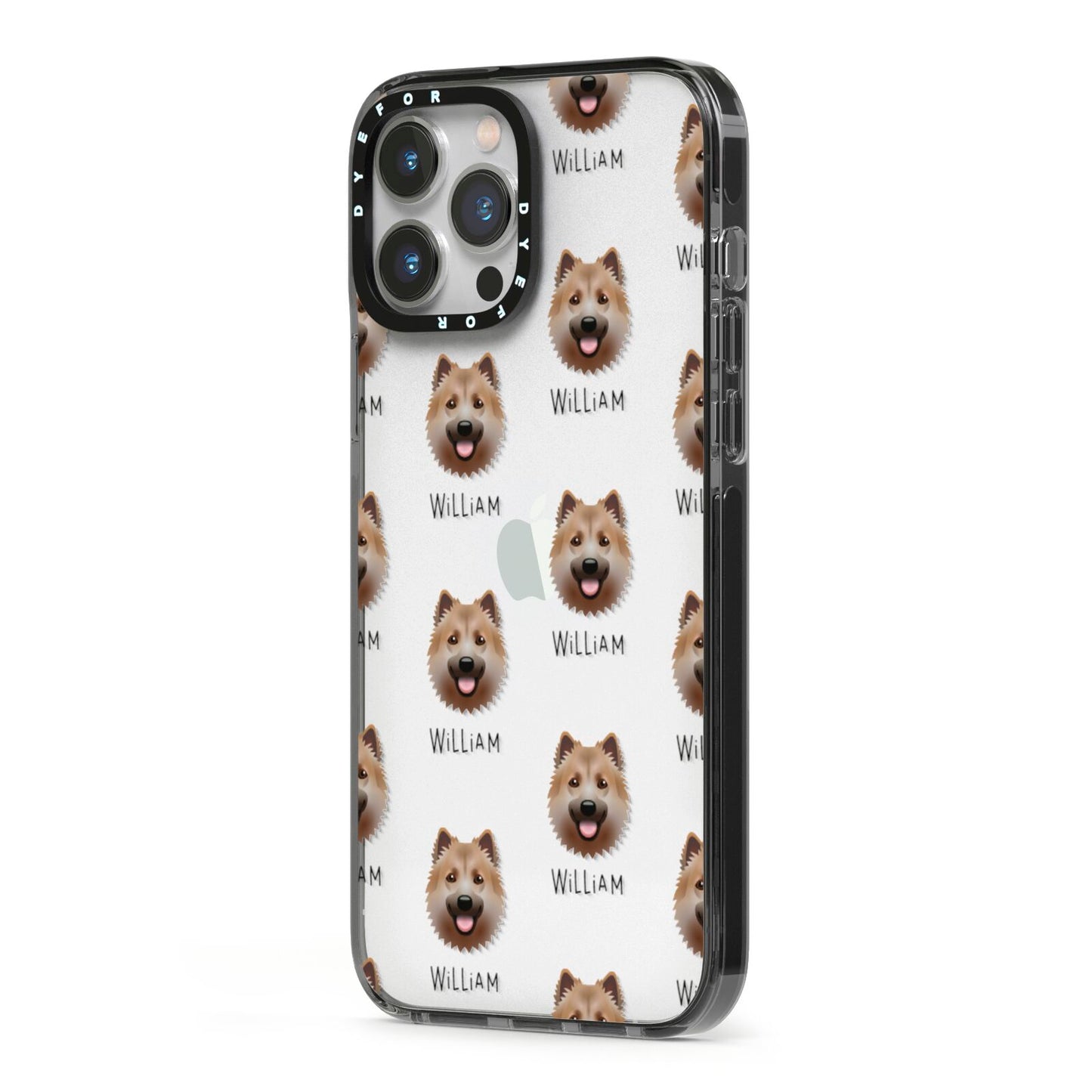 Icelandic Sheepdog Icon with Name iPhone 13 Pro Max Black Impact Case Side Angle on Silver phone