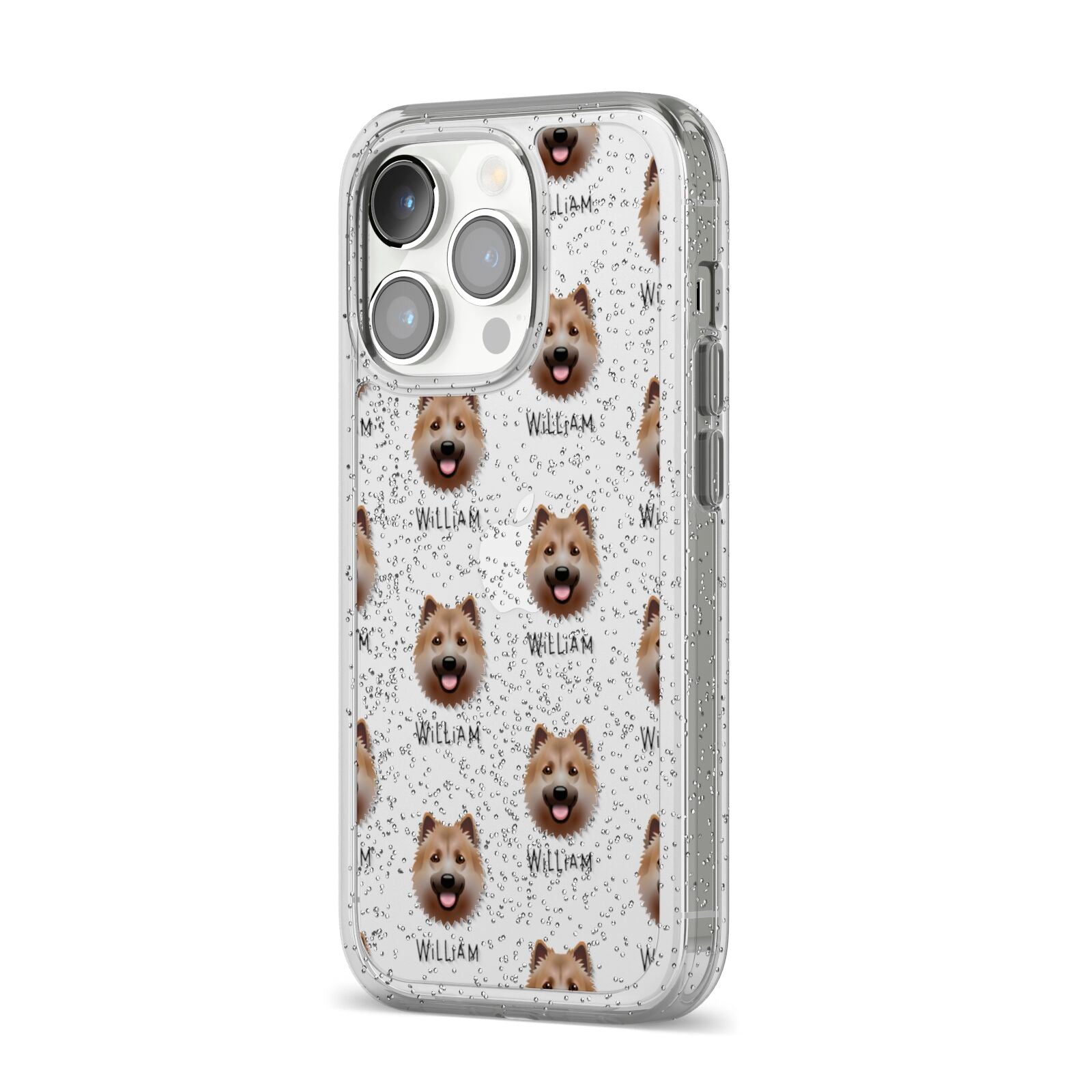 Icelandic Sheepdog Icon with Name iPhone 14 Pro Glitter Tough Case Silver Angled Image