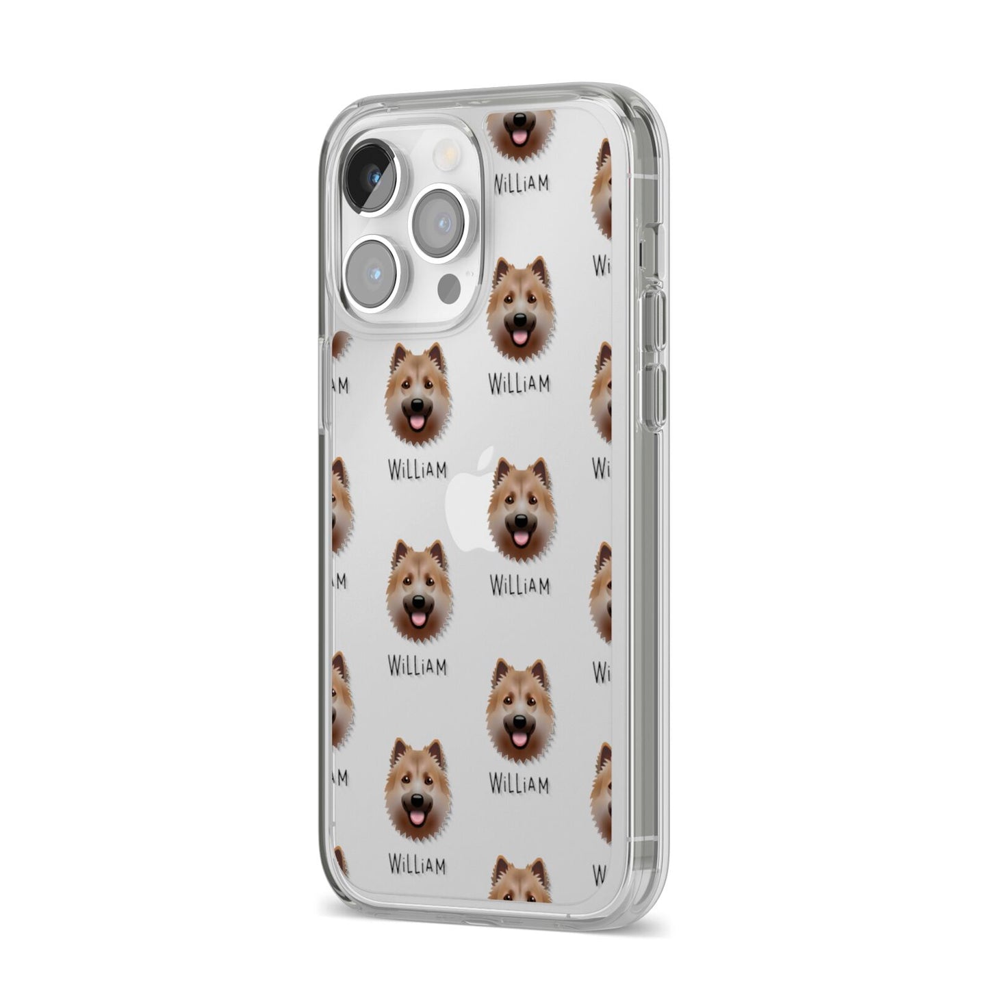Icelandic Sheepdog Icon with Name iPhone 14 Pro Max Clear Tough Case Silver Angled Image