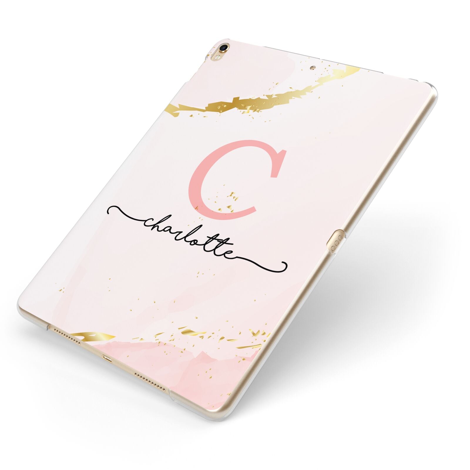 Initial Pink Gold Watercolour Custom Marble Apple iPad Case on Gold iPad Side View