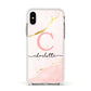 Initial Pink Gold Watercolour Custom Marble Apple iPhone Xs Impact Case White Edge on Silver Phone