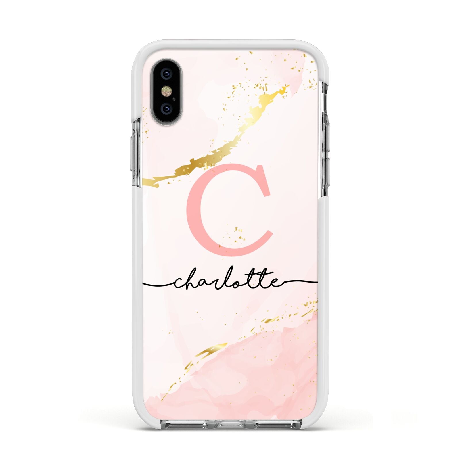 Initial Pink Gold Watercolour Custom Marble Apple iPhone Xs Impact Case White Edge on Silver Phone