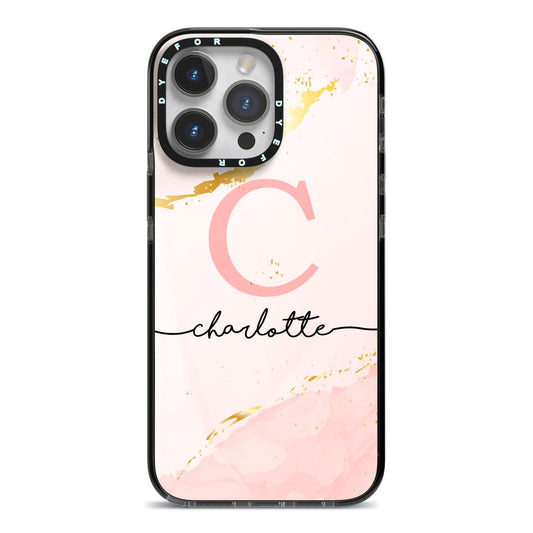 Initial Pink Gold Watercolour Custom Marble iPhone 14 Pro Max Black Impact Case on Silver phone
