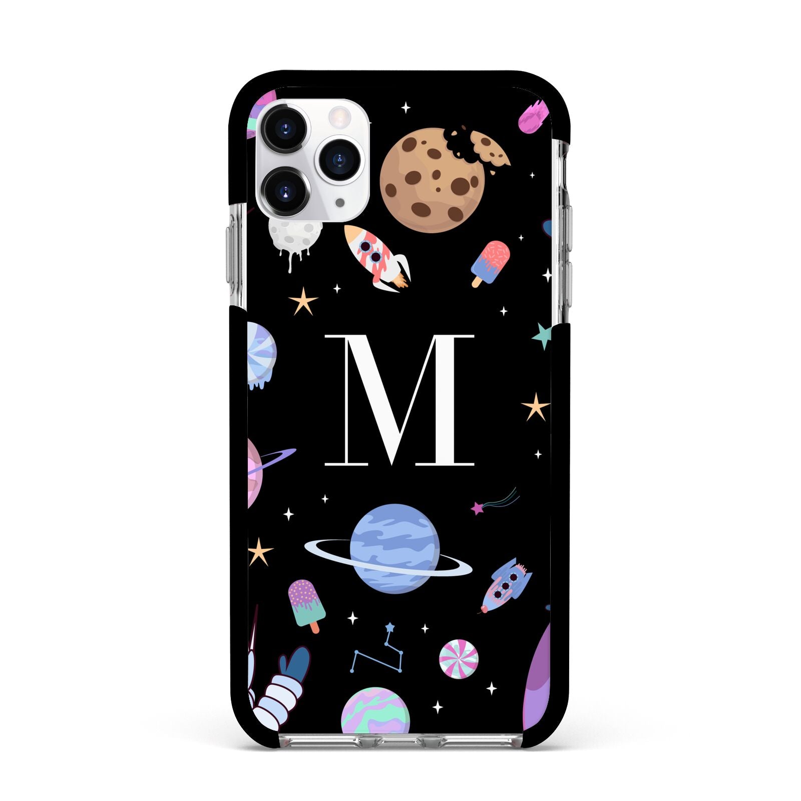 Initialled Candy Space Scene Apple iPhone 11 Pro Max in Silver with Black Impact Case