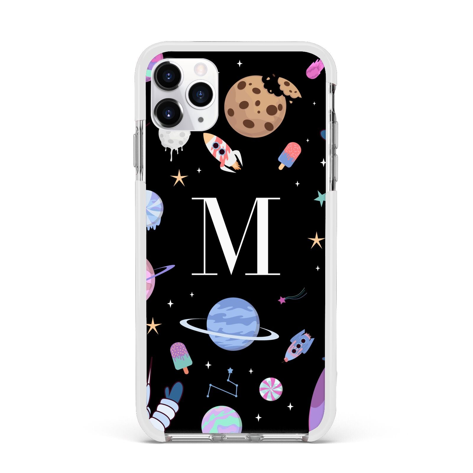 Initialled Candy Space Scene Apple iPhone 11 Pro Max in Silver with White Impact Case