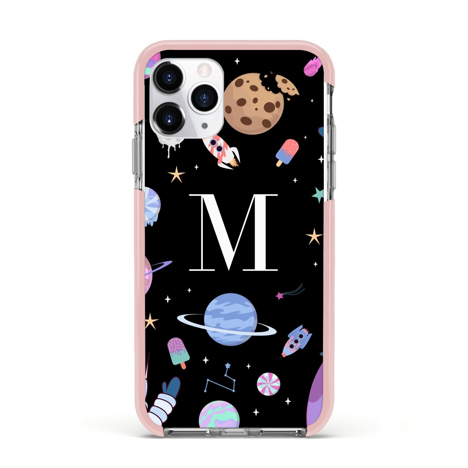 Initialled Candy Space Scene Apple iPhone 11 Pro in Silver with Pink Impact Case