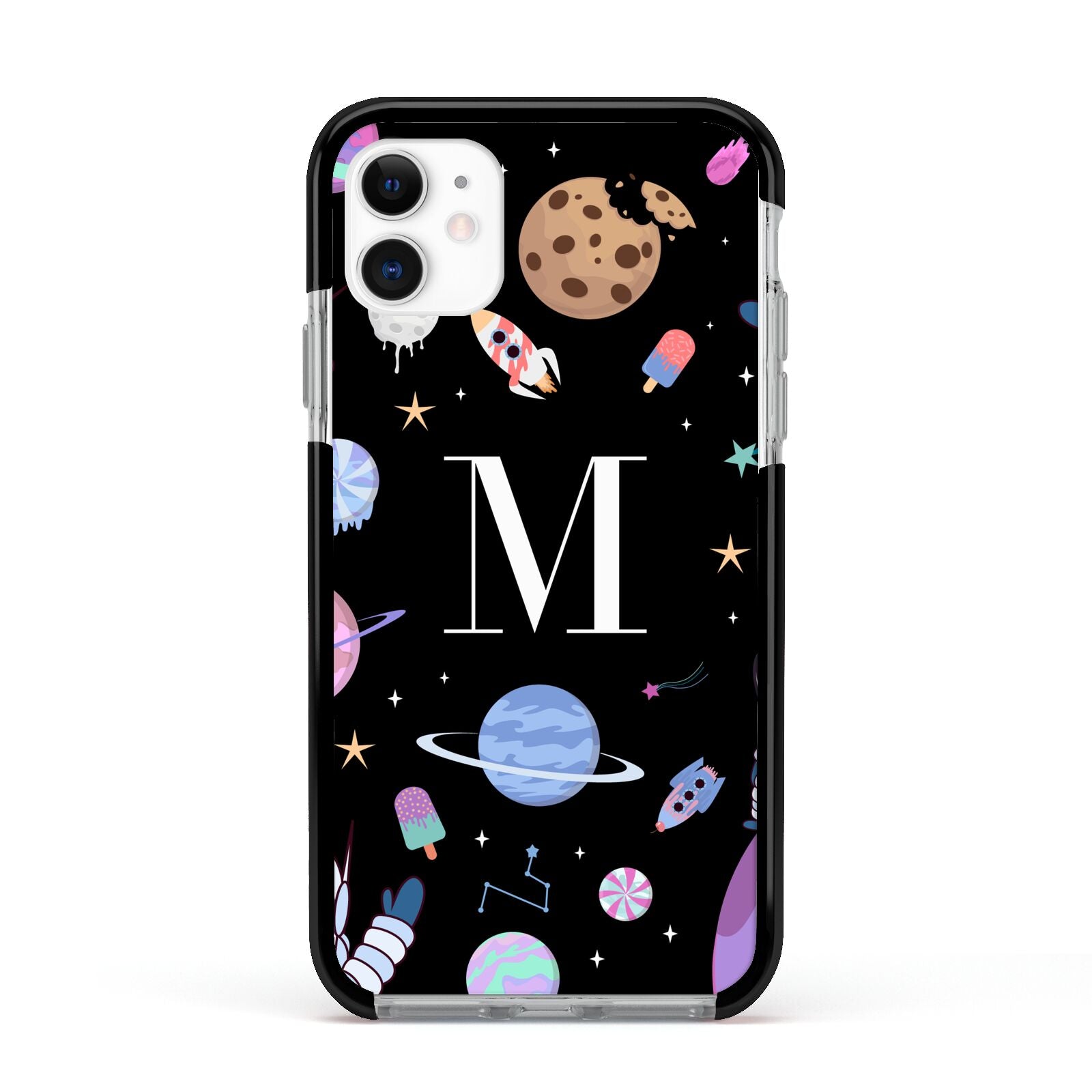 Initialled Candy Space Scene Apple iPhone 11 in White with Black Impact Case