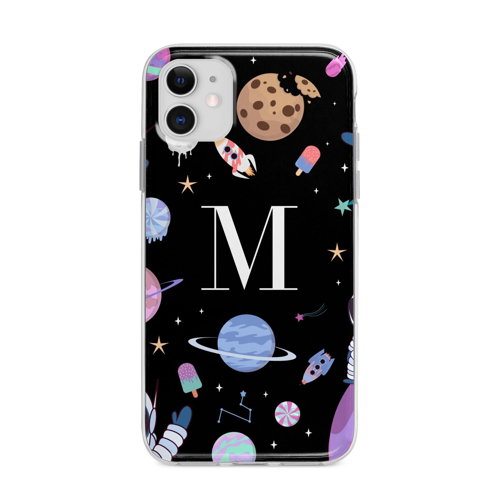 Initialled Candy Space Scene Apple iPhone 11 in White with Bumper Case