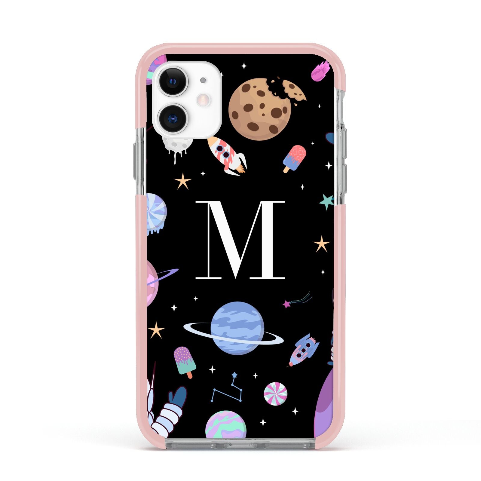 Initialled Candy Space Scene Apple iPhone 11 in White with Pink Impact Case