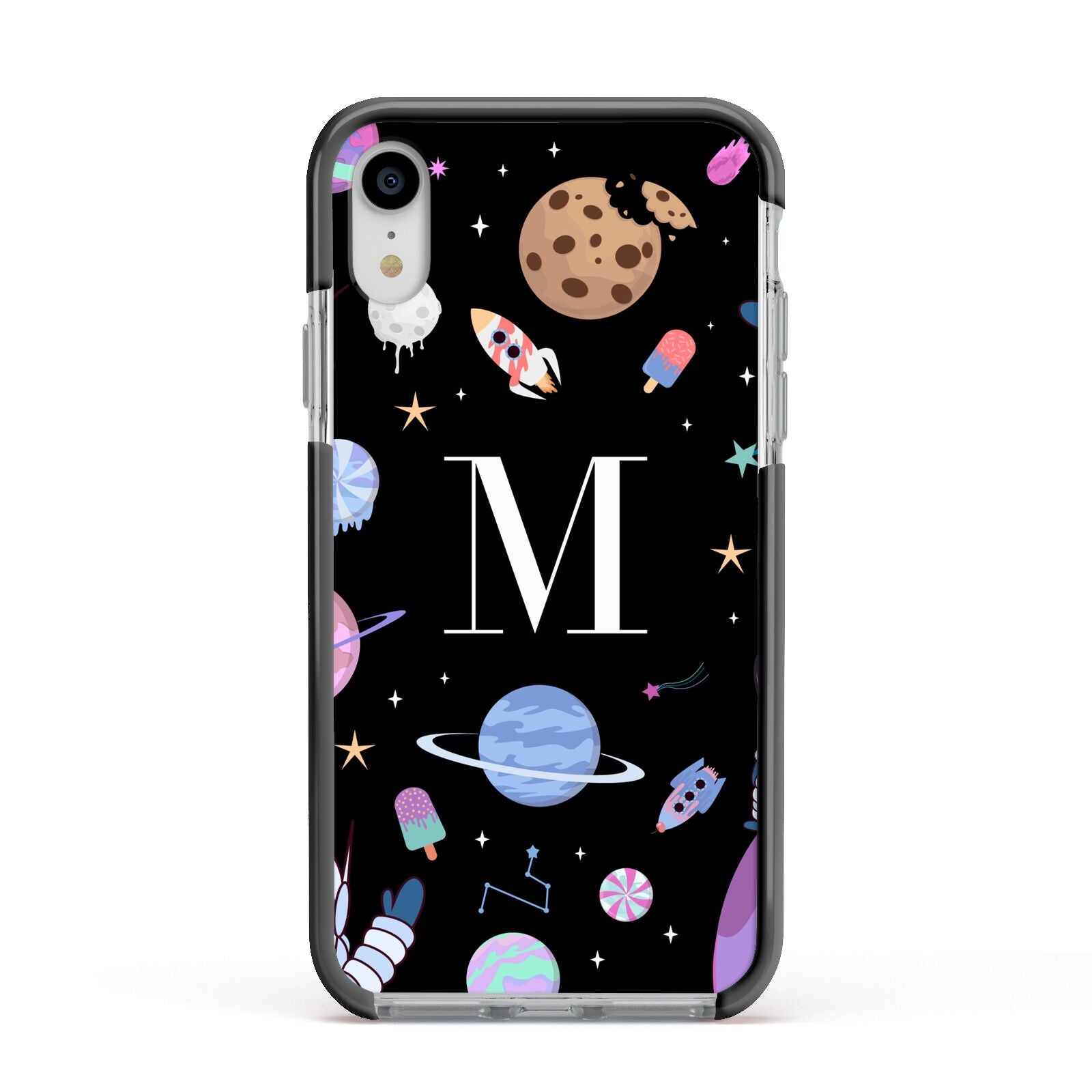 Initialled Candy Space Scene Apple iPhone XR Impact Case Black Edge on Silver Phone
