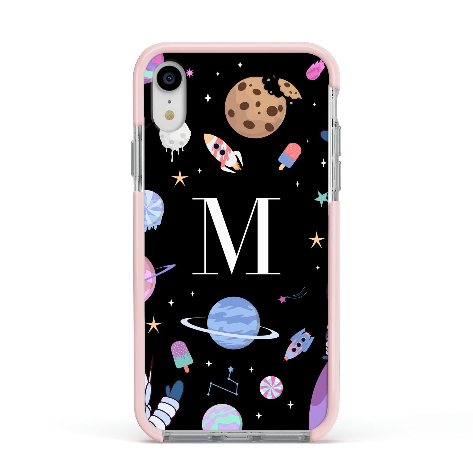 Initialled Candy Space Scene Apple iPhone XR Impact Case Pink Edge on Silver Phone