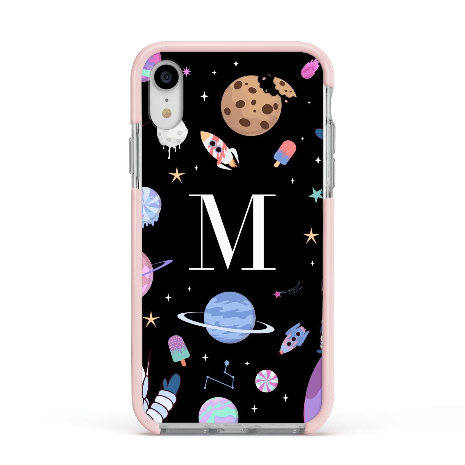 Initialled Candy Space Scene Apple iPhone XR Impact Case Pink Edge on Silver Phone