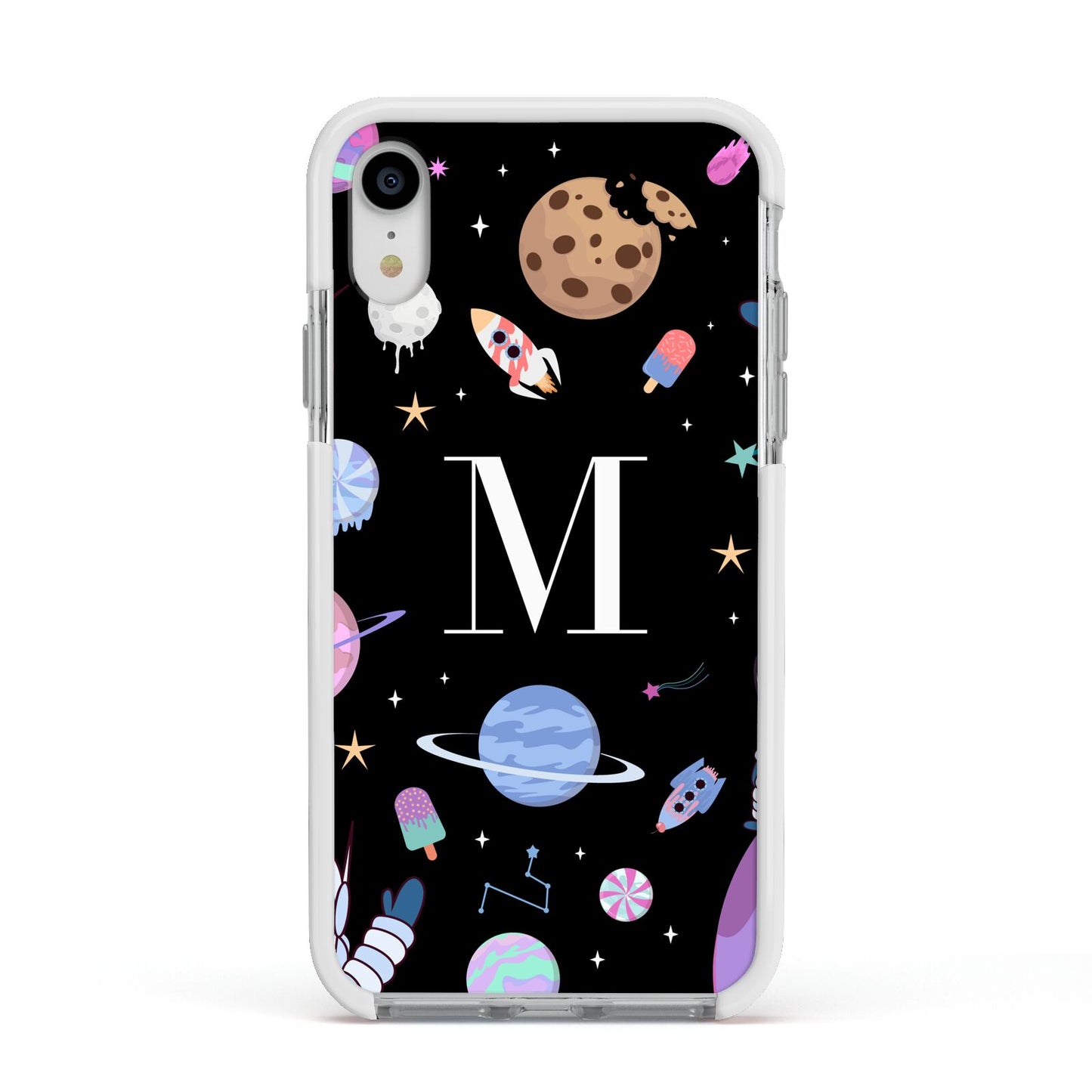 Initialled Candy Space Scene Apple iPhone XR Impact Case White Edge on Silver Phone