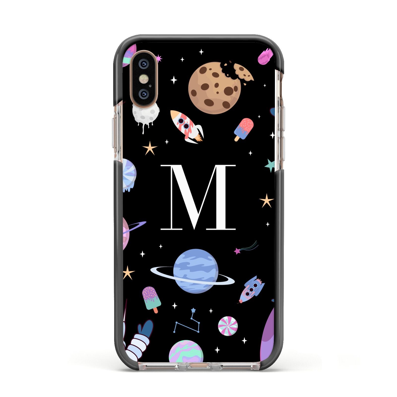 Initialled Candy Space Scene Apple iPhone Xs Impact Case Black Edge on Gold Phone