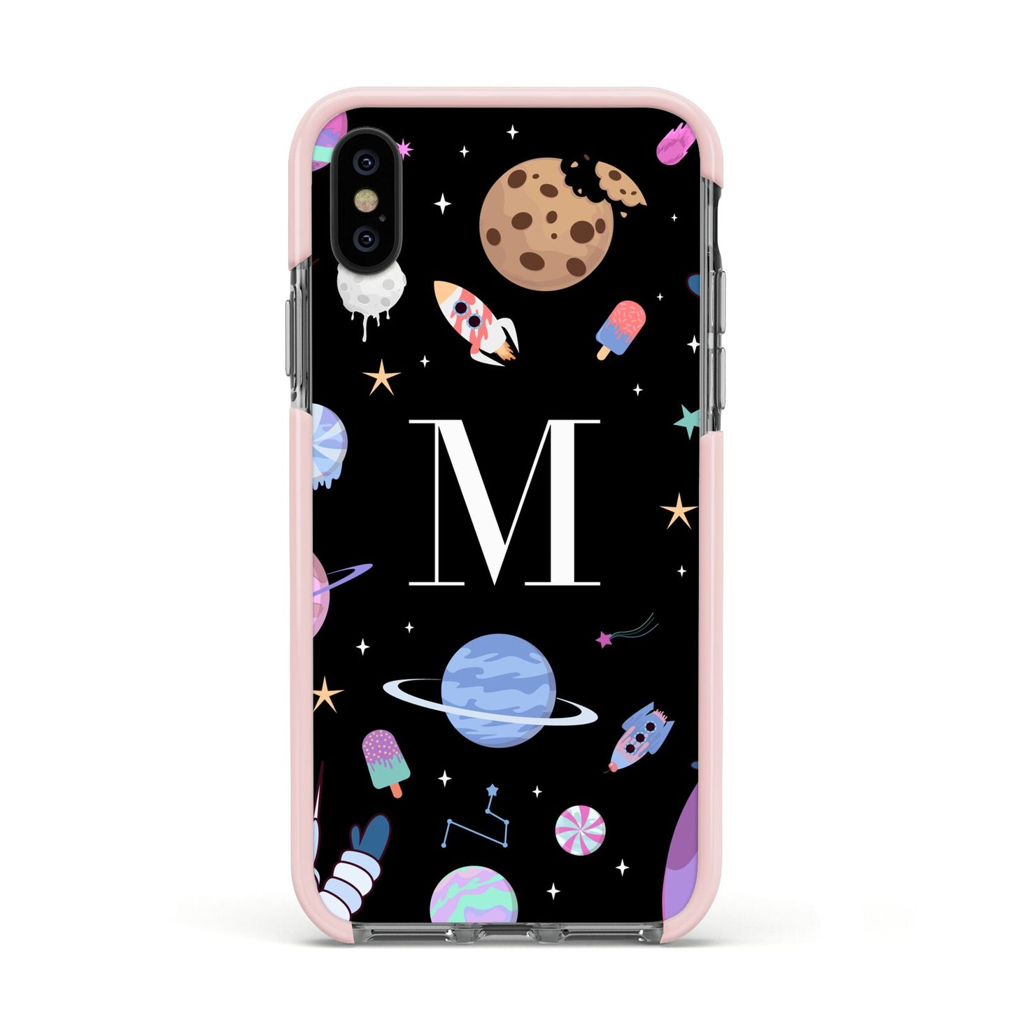 Initialled Candy Space Scene Apple iPhone Xs Impact Case Pink Edge on Black Phone