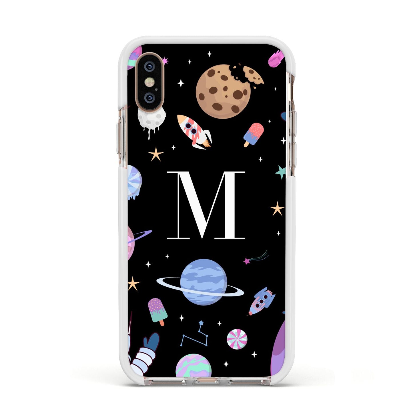 Initialled Candy Space Scene Apple iPhone Xs Impact Case White Edge on Gold Phone