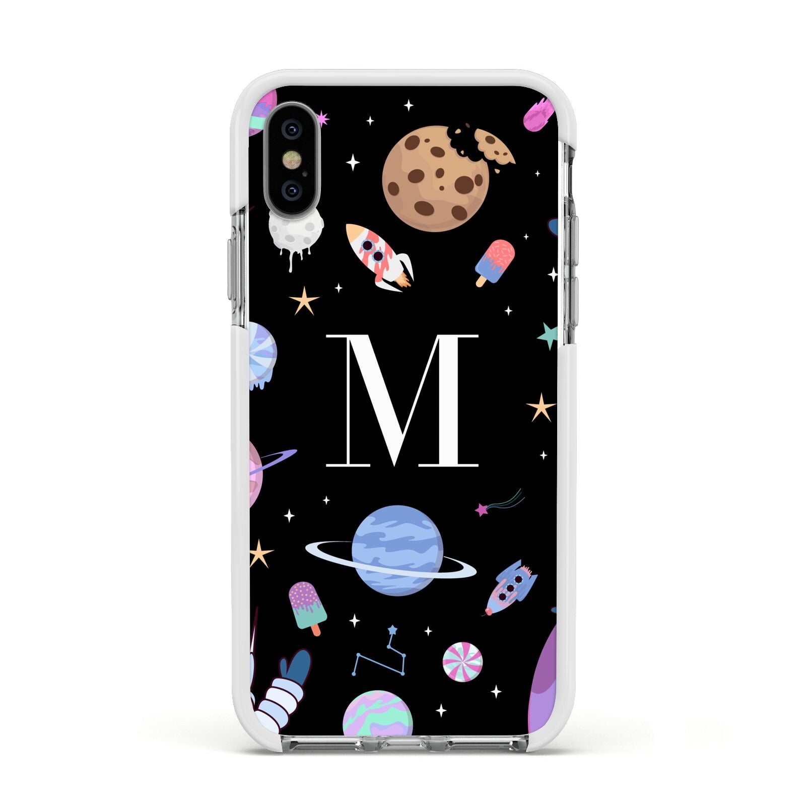 Initialled Candy Space Scene Apple iPhone Xs Impact Case White Edge on Silver Phone