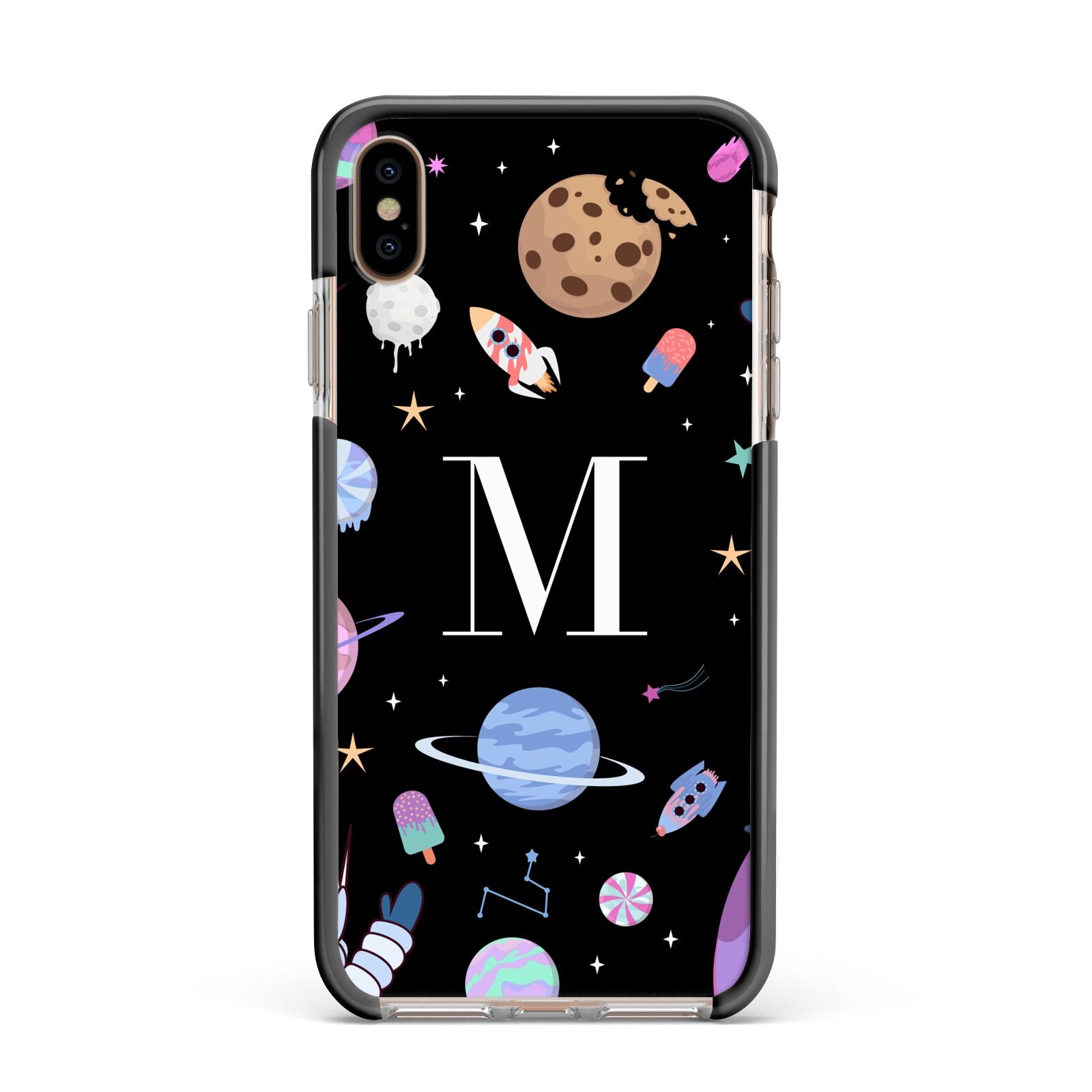 Initialled Candy Space Scene Apple iPhone Xs Max Impact Case Black Edge on Gold Phone