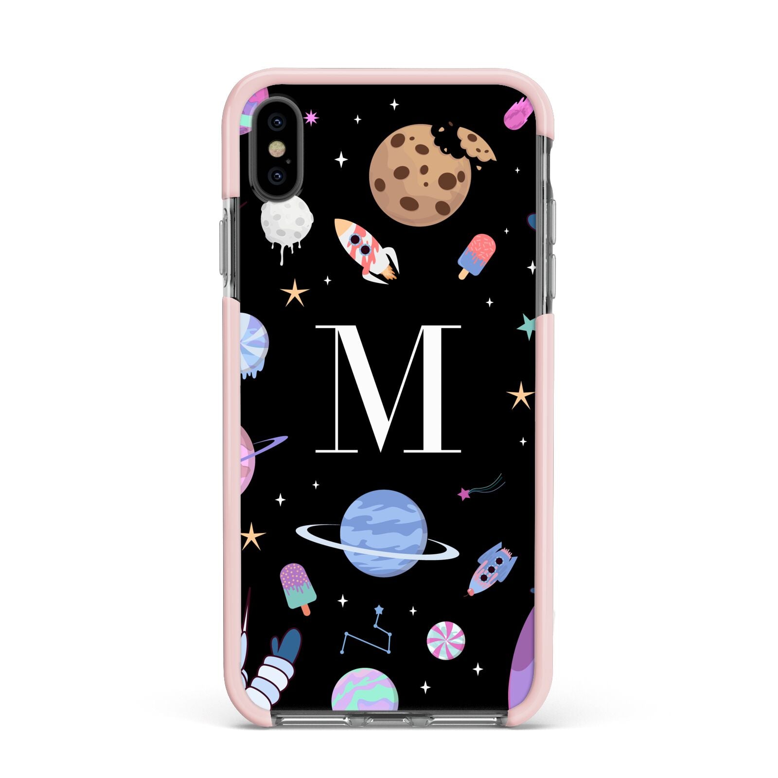 Initialled Candy Space Scene Apple iPhone Xs Max Impact Case Pink Edge on Black Phone