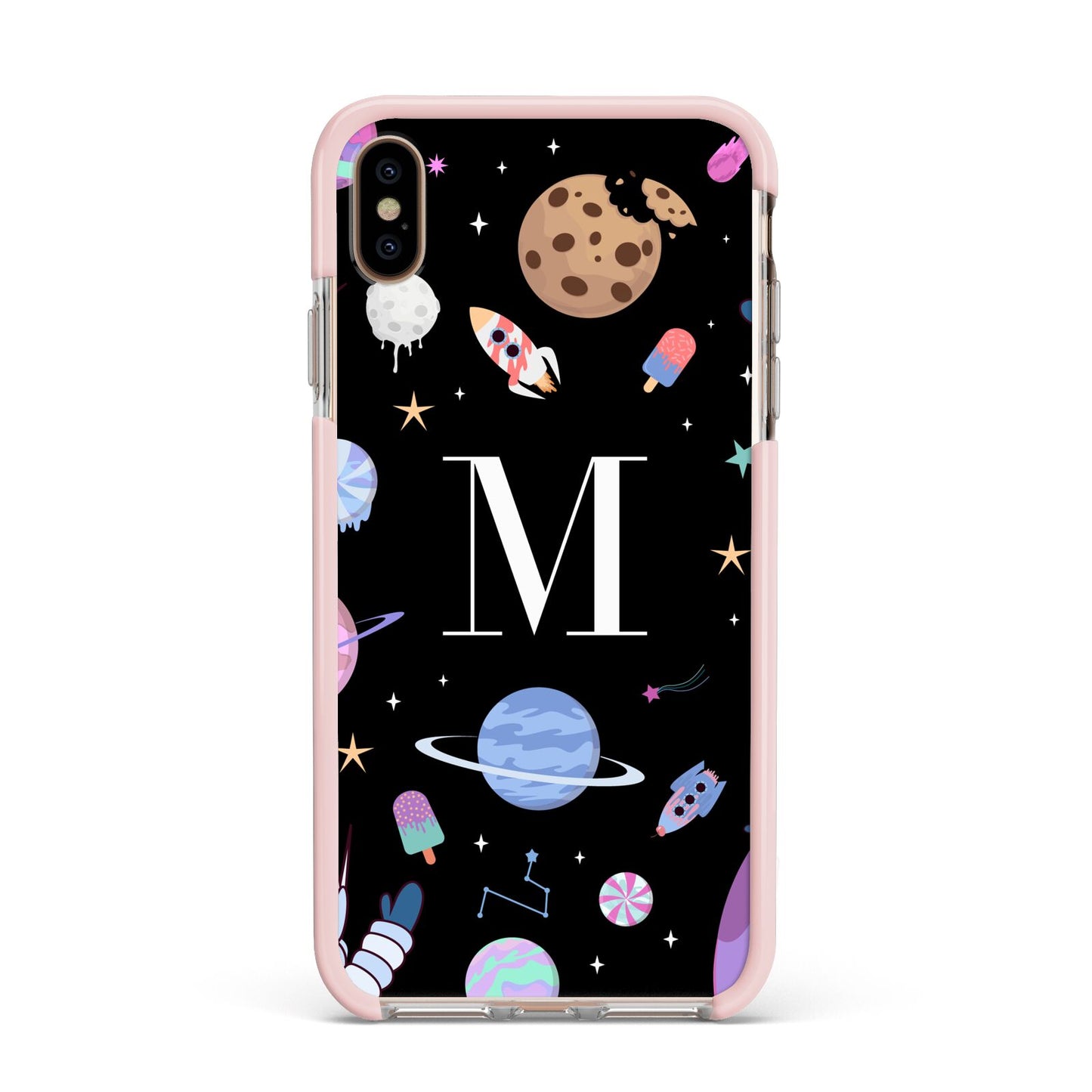 Initialled Candy Space Scene Apple iPhone Xs Max Impact Case Pink Edge on Gold Phone