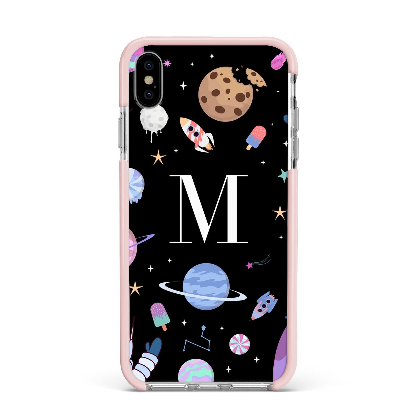 Initialled Candy Space Scene Apple iPhone Xs Max Impact Case Pink Edge on Silver Phone