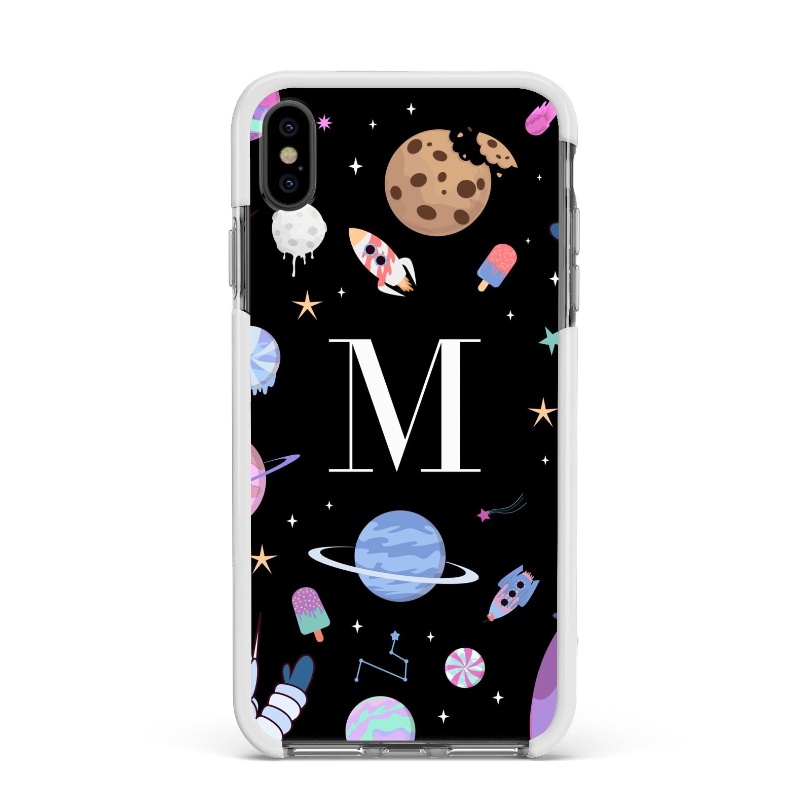 Initialled Candy Space Scene Apple iPhone Xs Max Impact Case White Edge on Black Phone