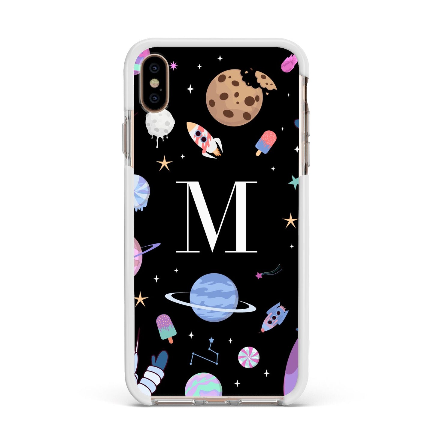 Initialled Candy Space Scene Apple iPhone Xs Max Impact Case White Edge on Gold Phone