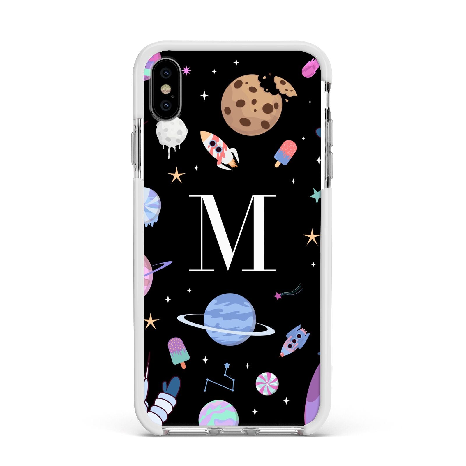 Initialled Candy Space Scene Apple iPhone Xs Max Impact Case White Edge on Silver Phone