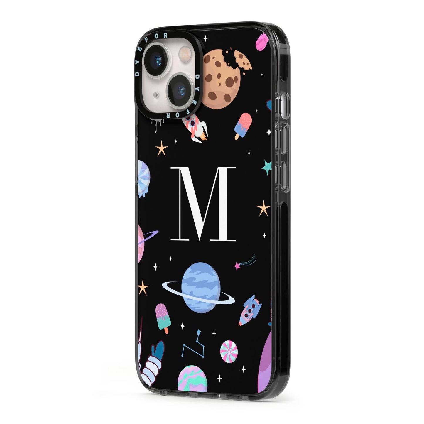 Initialled Candy Space Scene iPhone 13 Black Impact Case Side Angle on Silver phone