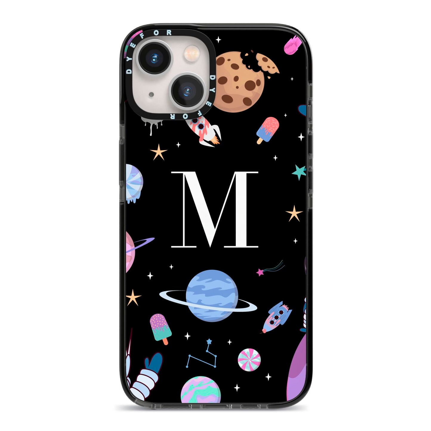 Initialled Candy Space Scene iPhone 13 Black Impact Case on Silver phone
