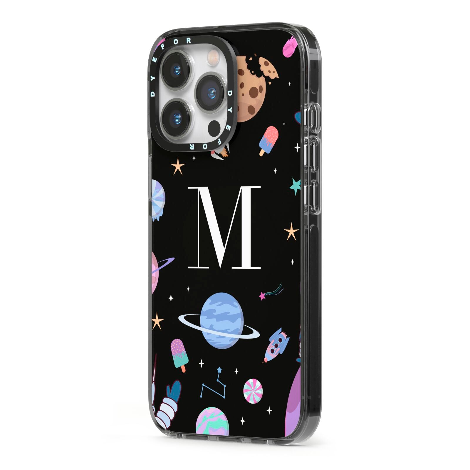 Initialled Candy Space Scene iPhone 13 Pro Black Impact Case Side Angle on Silver phone