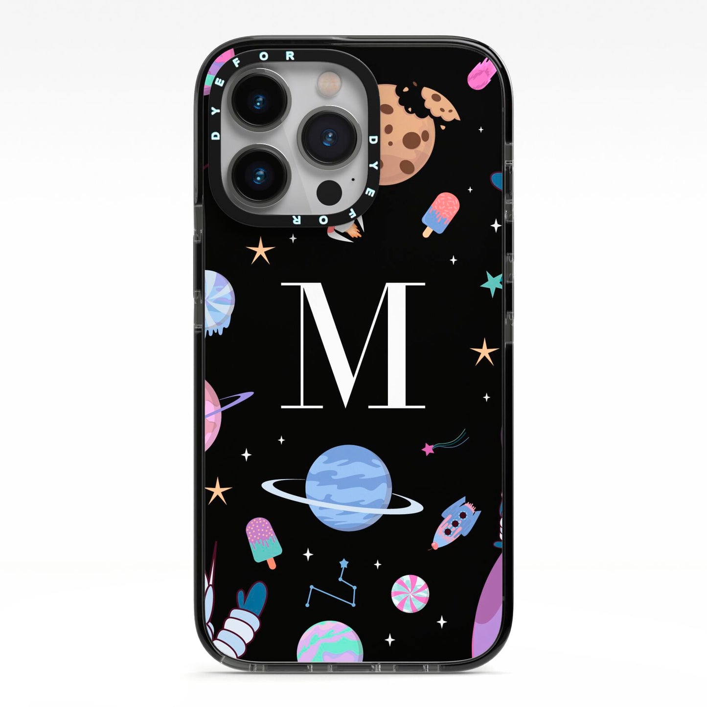 Initialled Candy Space Scene iPhone 13 Pro Black Impact Case on Silver phone