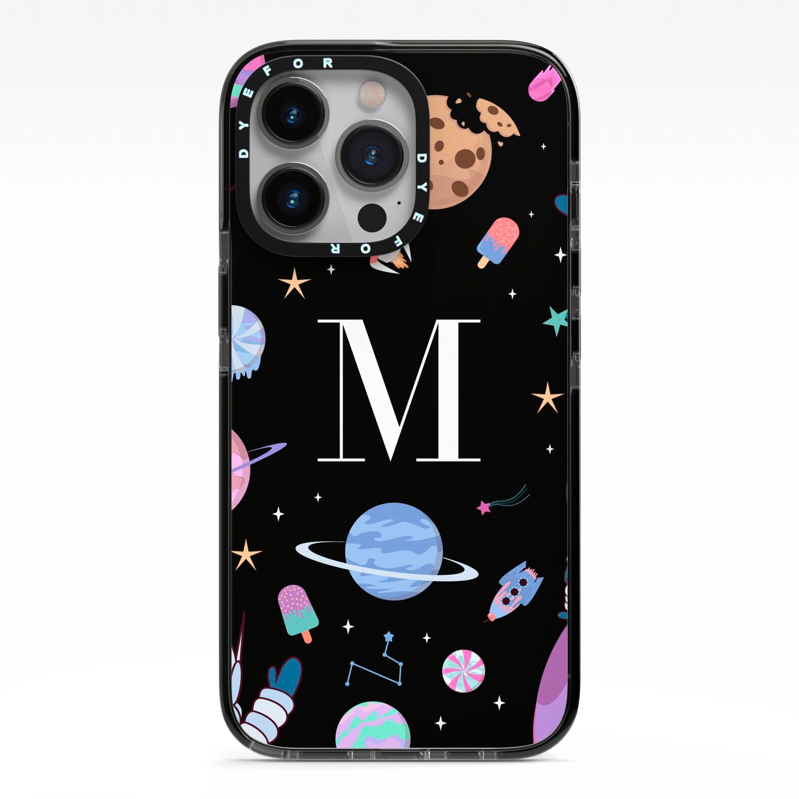 Initialled Candy Space Scene iPhone 13 Pro Black Impact Case on Silver phone