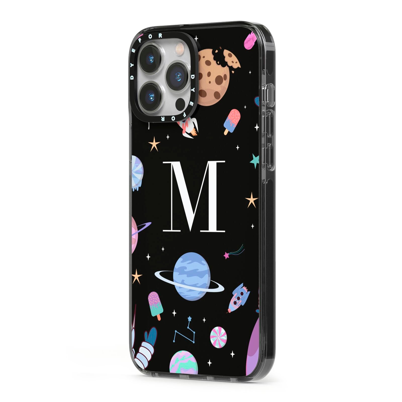 Initialled Candy Space Scene iPhone 13 Pro Max Black Impact Case Side Angle on Silver phone