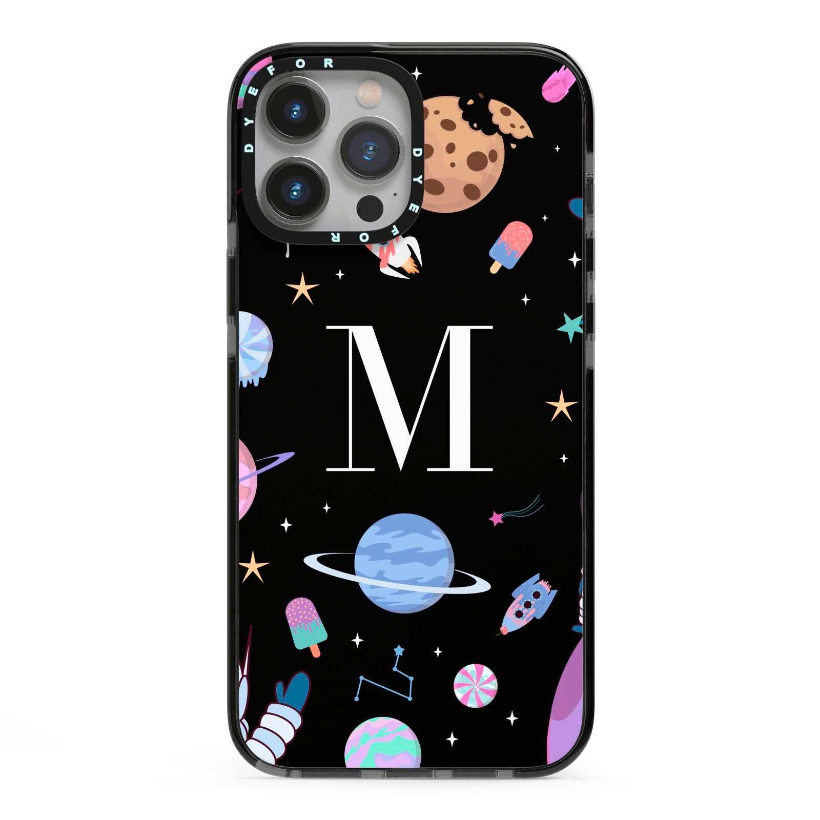 Initialled Candy Space Scene iPhone 13 Pro Max Black Impact Case on Silver phone