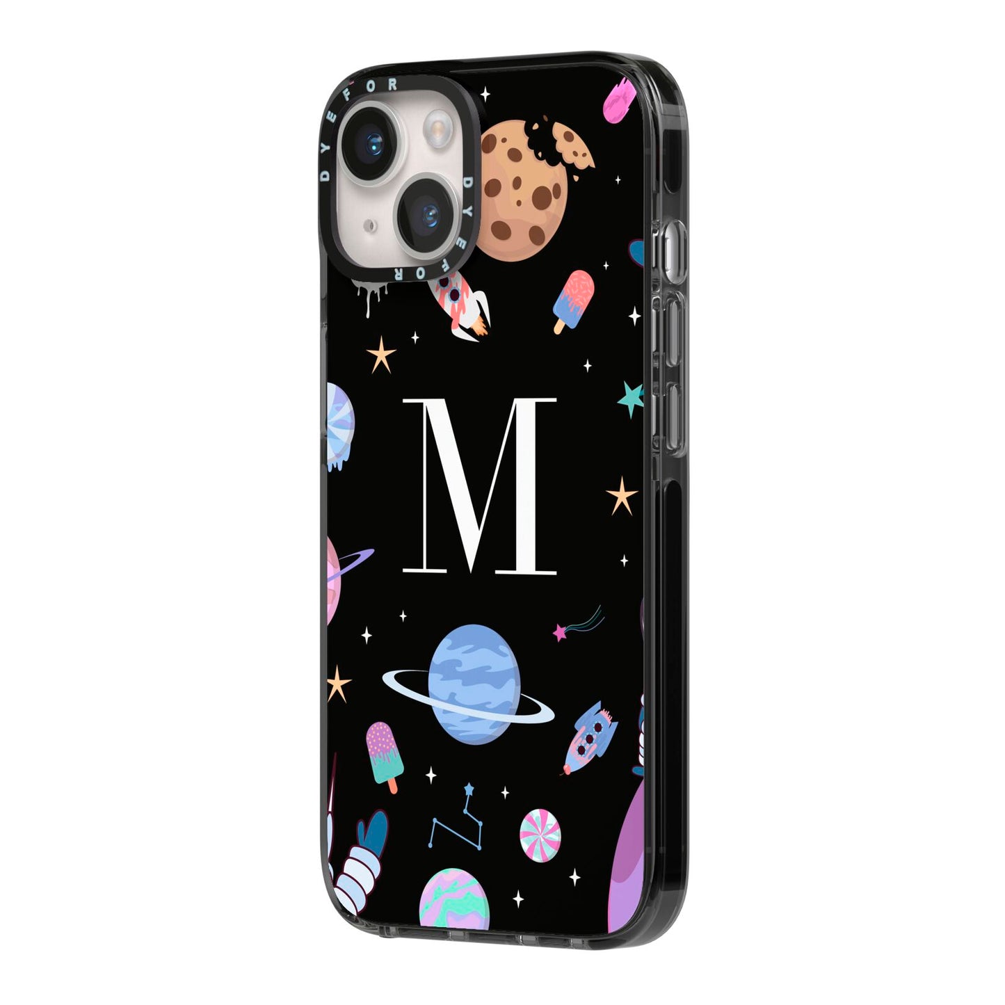 Initialled Candy Space Scene iPhone 14 Black Impact Case Side Angle on Silver phone