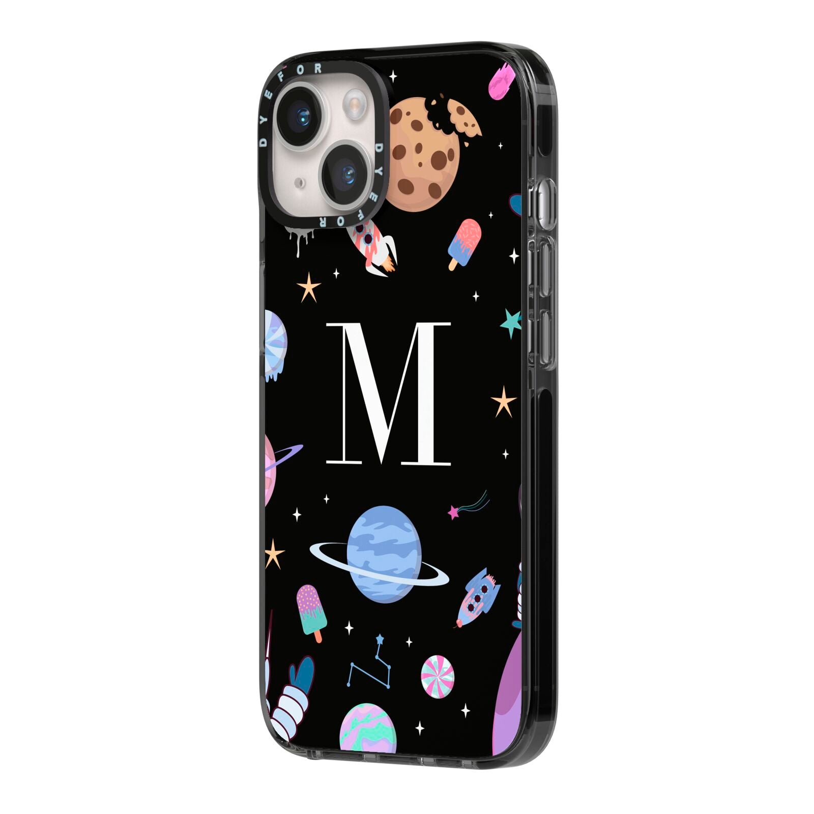 Initialled Candy Space Scene iPhone 14 Black Impact Case Side Angle on Silver phone
