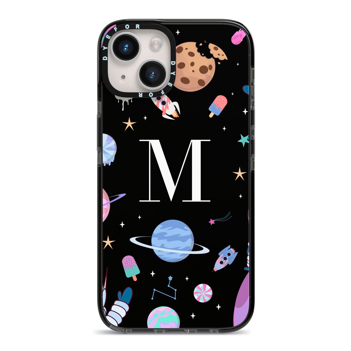 Initialled Candy Space Scene iPhone 14 Black Impact Case on Silver phone