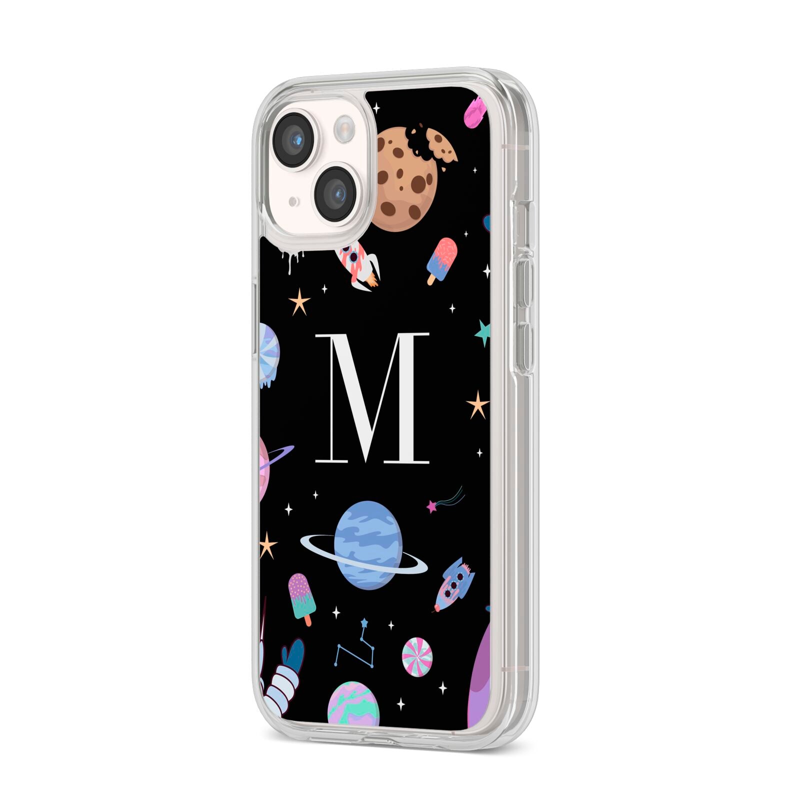 Initialled Candy Space Scene iPhone 14 Clear Tough Case Starlight Angled Image