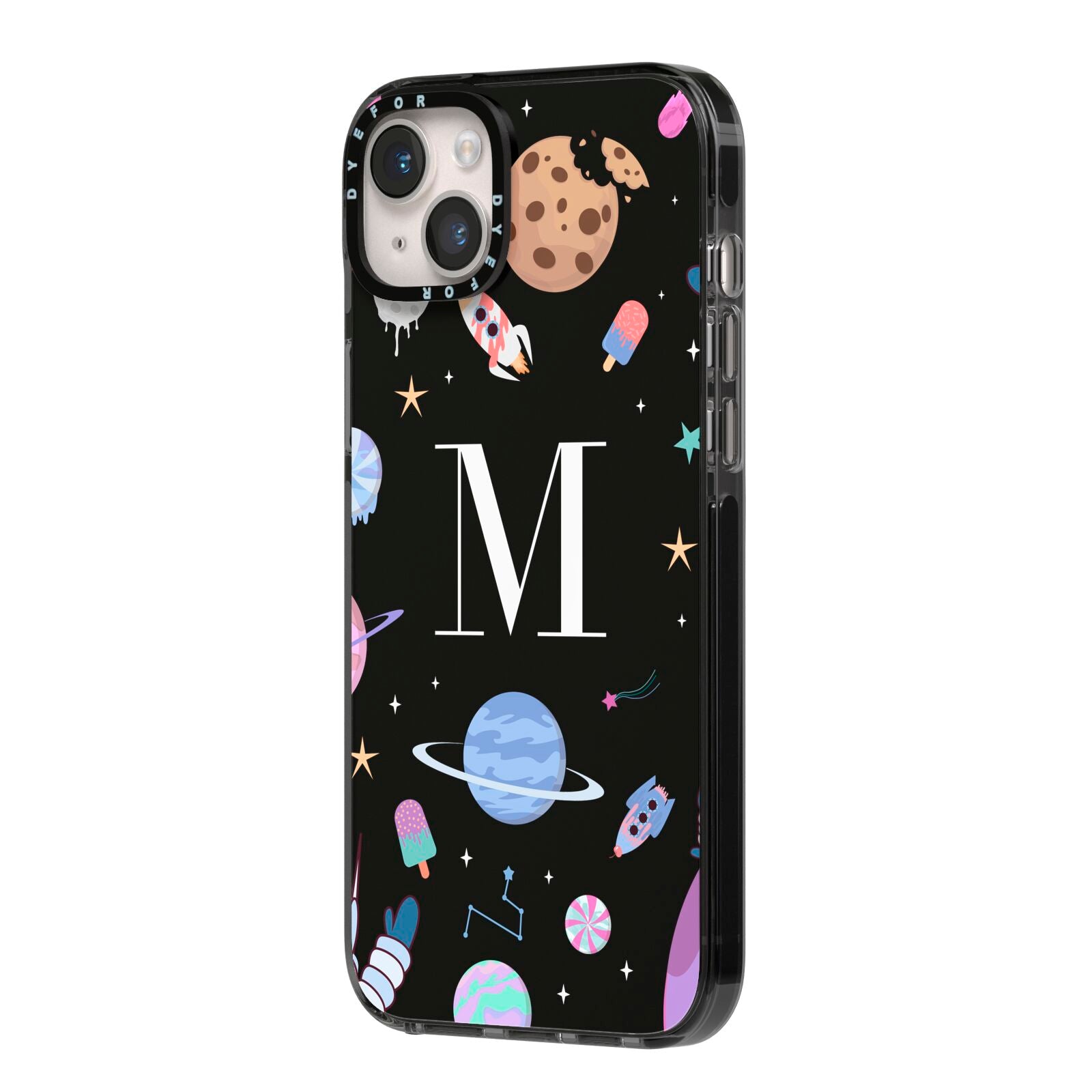 Initialled Candy Space Scene iPhone 14 Plus Black Impact Case Side Angle on Silver phone