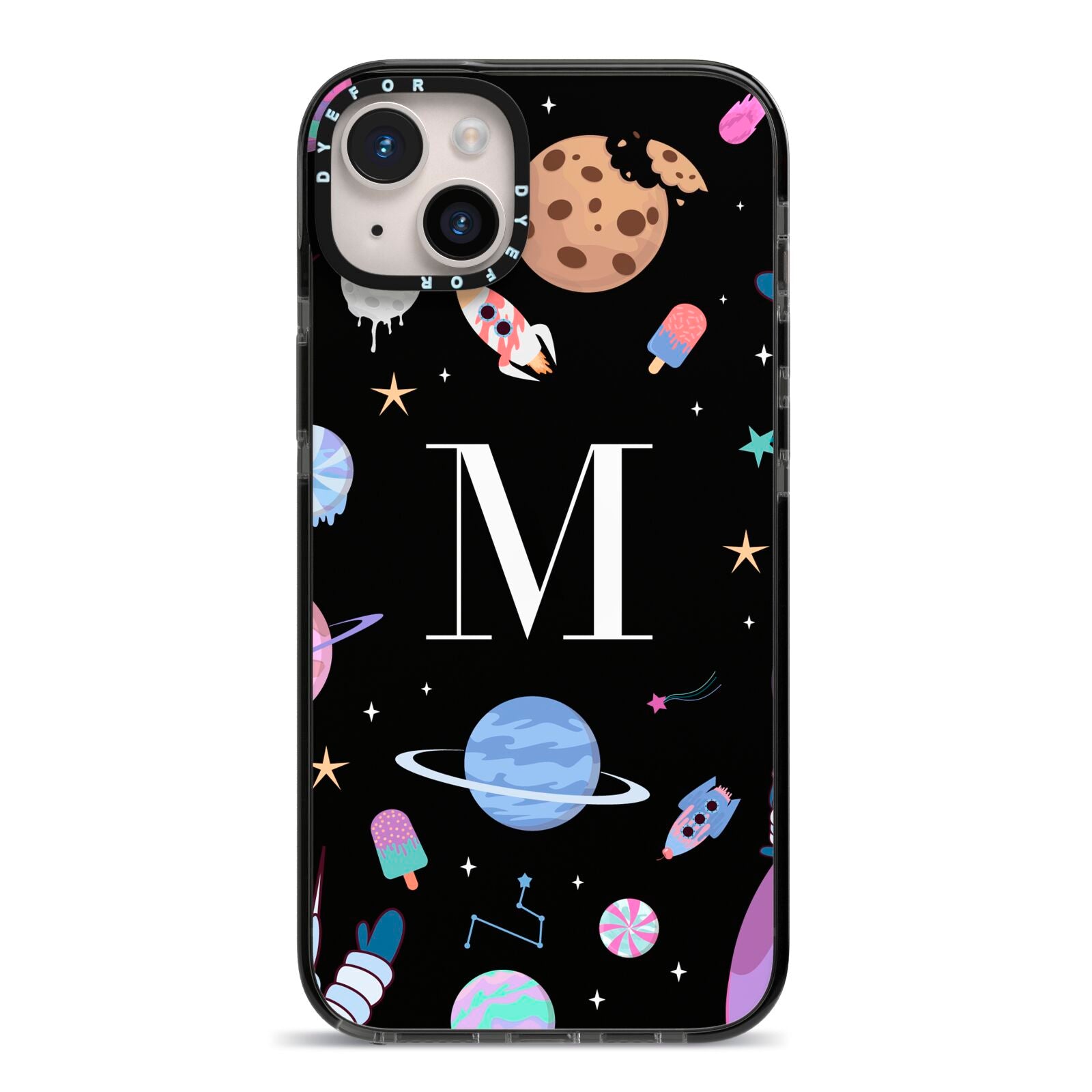 Initialled Candy Space Scene iPhone 14 Plus Black Impact Case on Silver phone