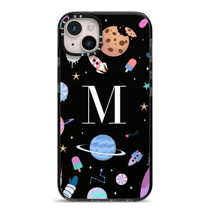 Initialled Candy Space Scene iPhone 14 Plus Black Impact Case on Silver phone