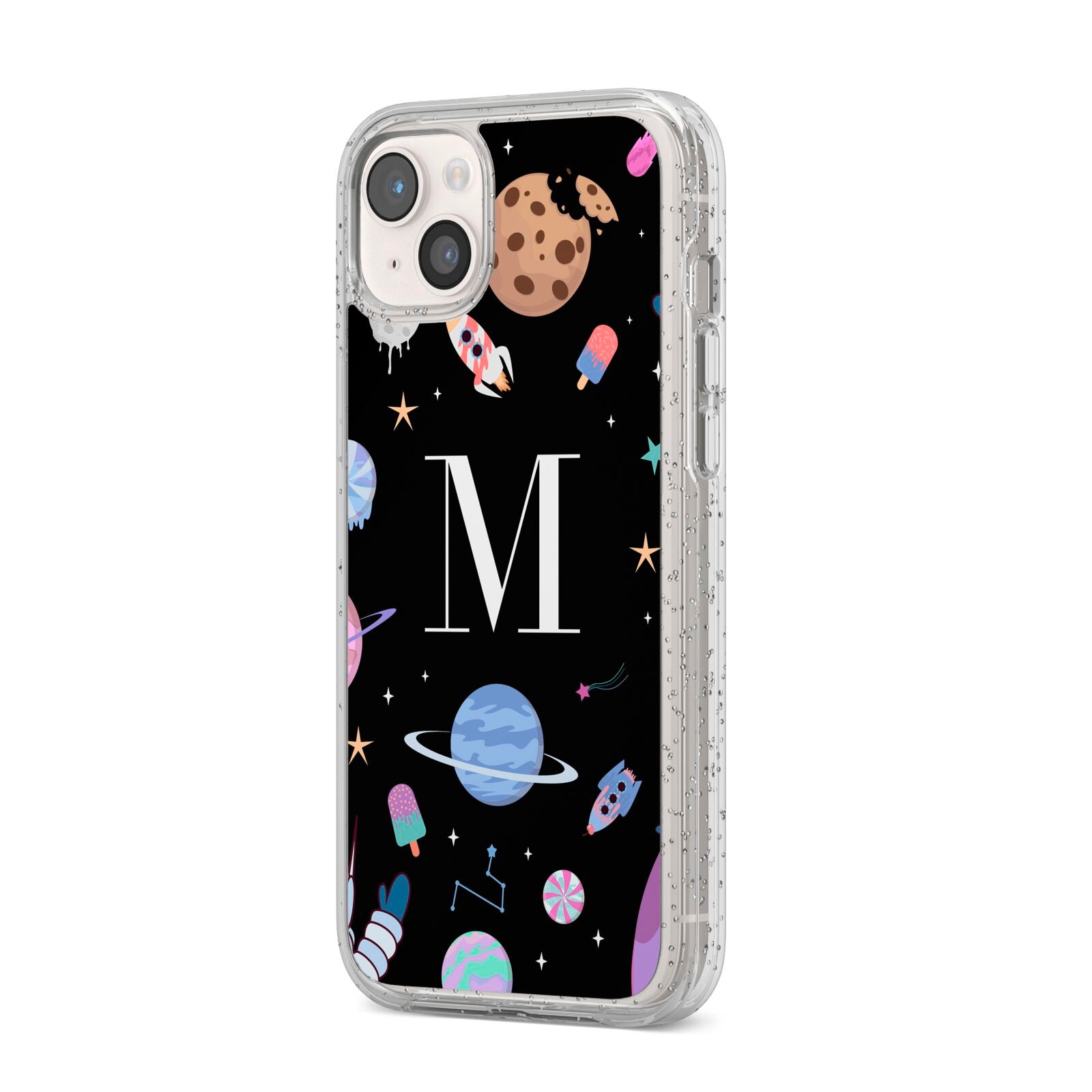 Initialled Candy Space Scene iPhone 14 Plus Glitter Tough Case Starlight Angled Image