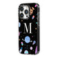 Initialled Candy Space Scene iPhone 14 Pro Black Impact Case Side Angle on Silver phone