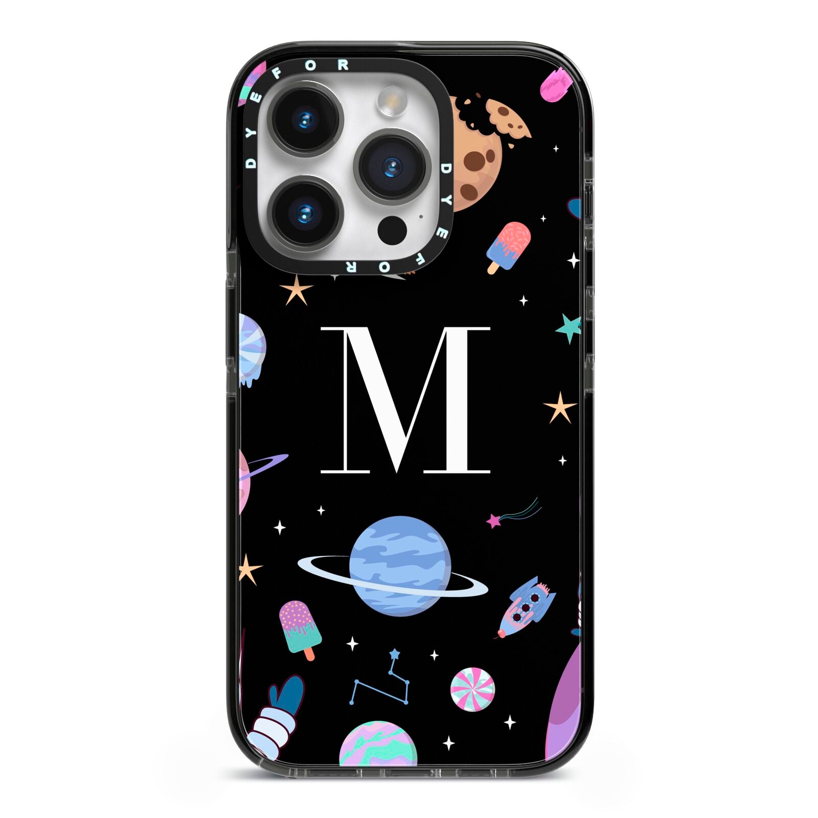 Initialled Candy Space Scene iPhone 14 Pro Black Impact Case on Silver phone