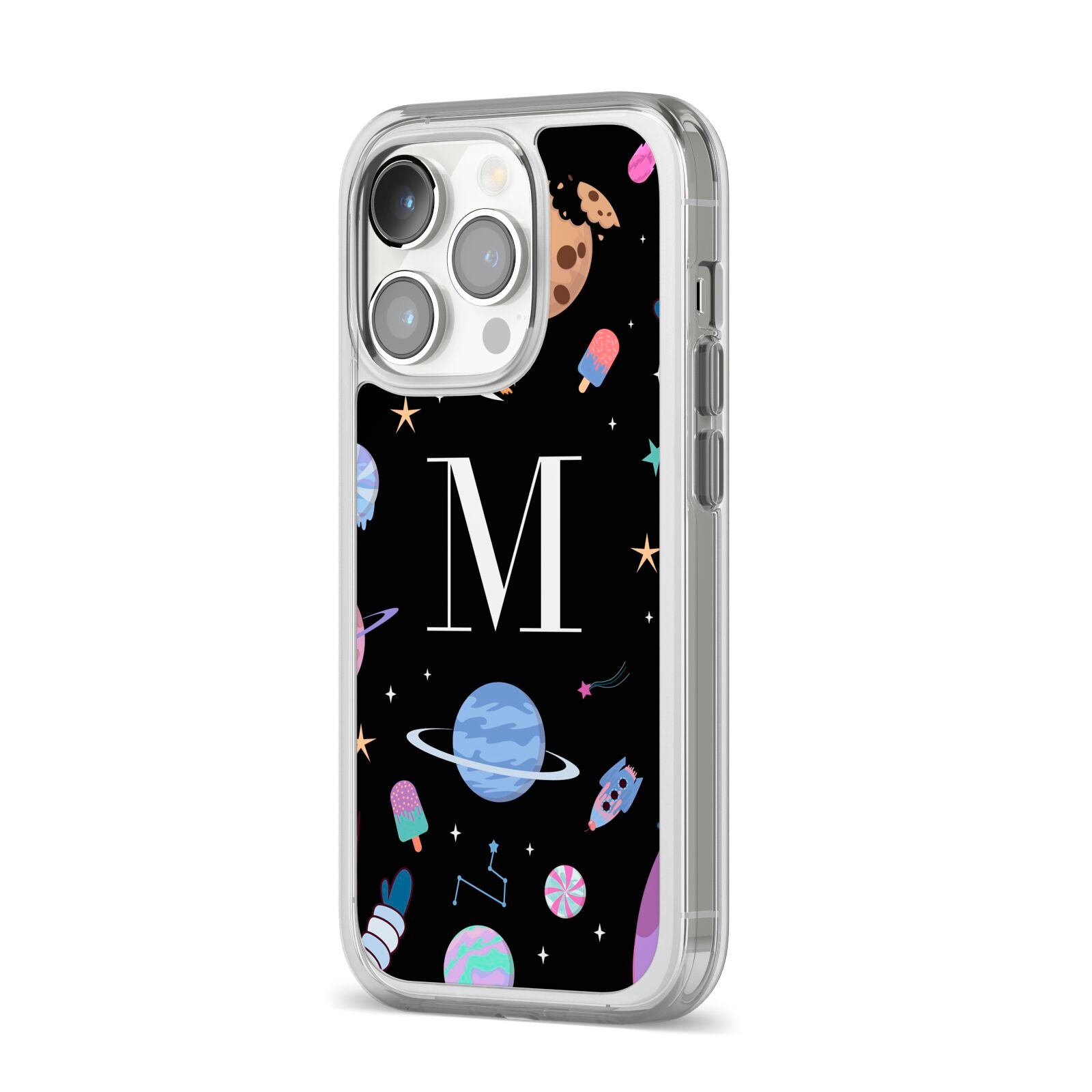 Initialled Candy Space Scene iPhone 14 Pro Clear Tough Case Silver Angled Image