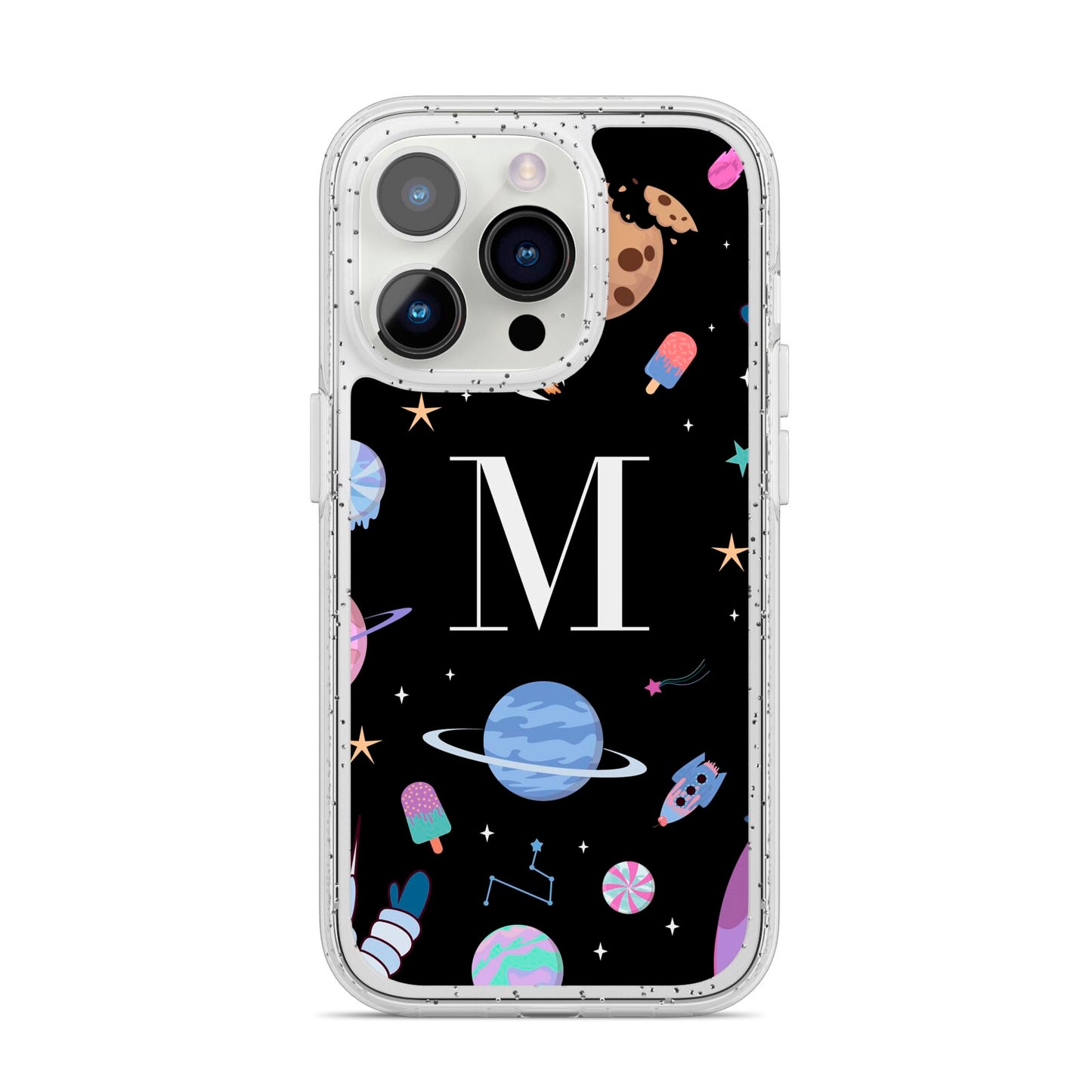 Initialled Candy Space Scene iPhone 14 Pro Glitter Tough Case Silver