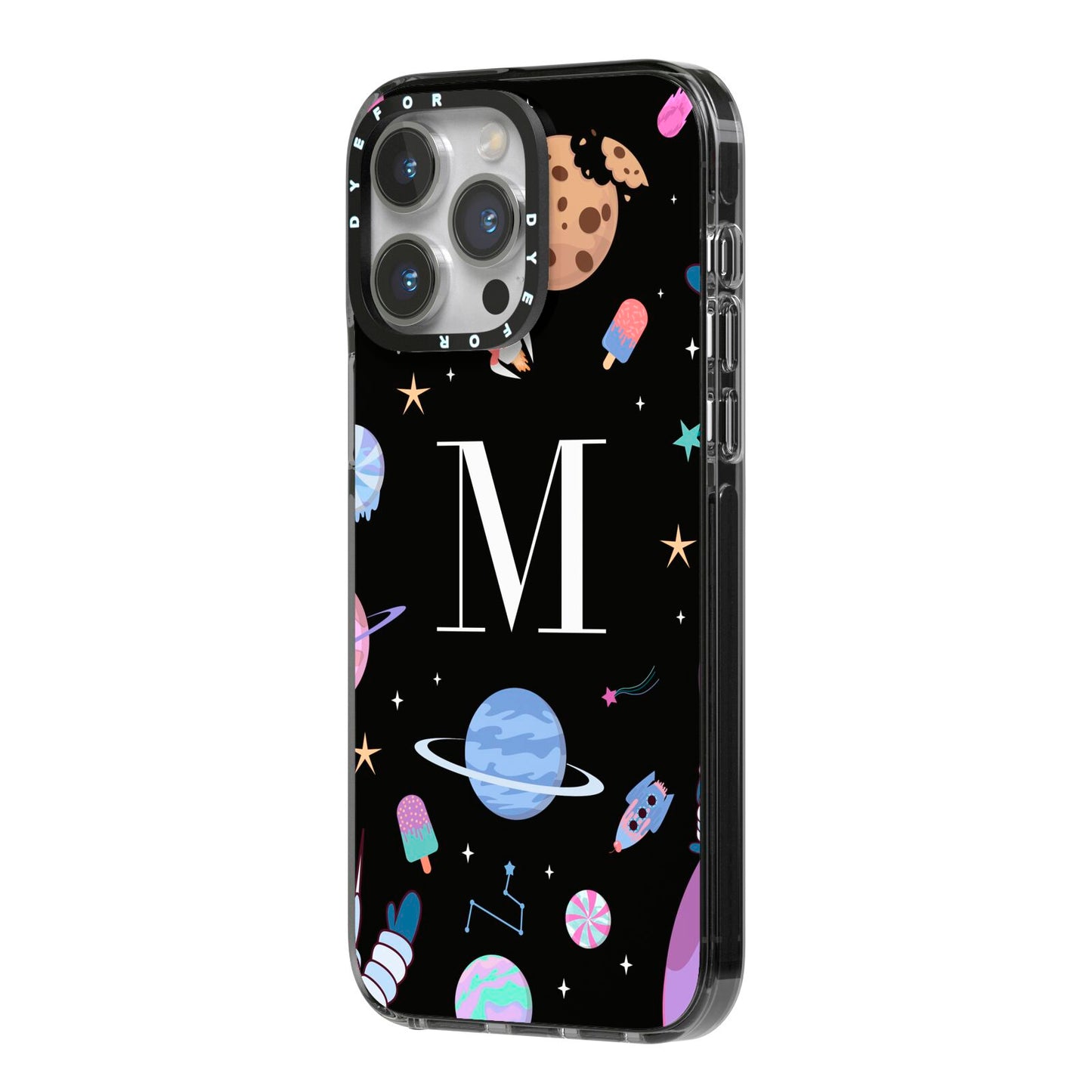 Initialled Candy Space Scene iPhone 14 Pro Max Black Impact Case Side Angle on Silver phone